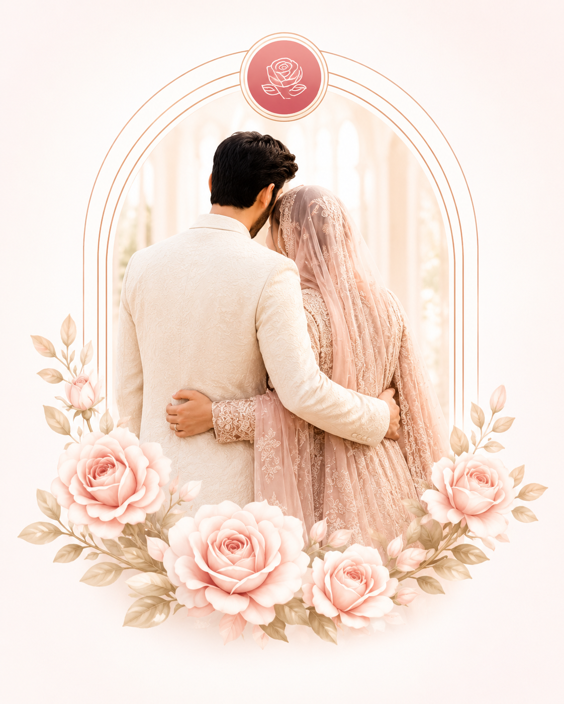 Bride and groom standing together under a floral wedding arch